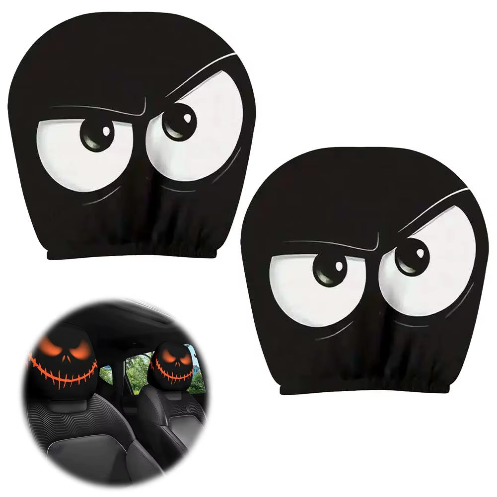 2PCS Funny Slanted Eyes Cartoon Print Car Headrest Cover for Halloween Christmas Holiday Automobile Interior Decoration