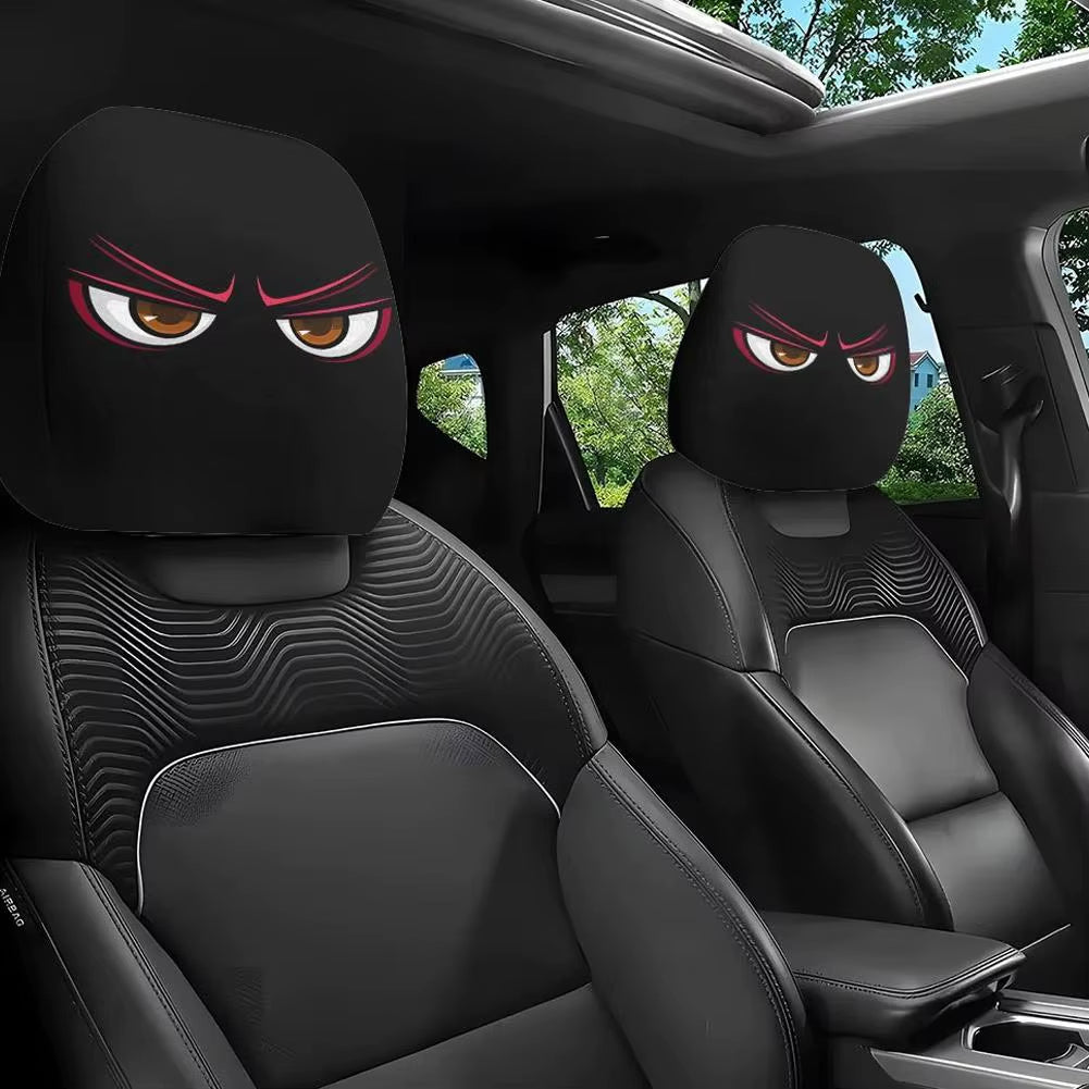 2PCS Funny Slanted Eyes Cartoon Print Car Headrest Cover for Halloween Christmas Holiday Automobile Interior Decoration