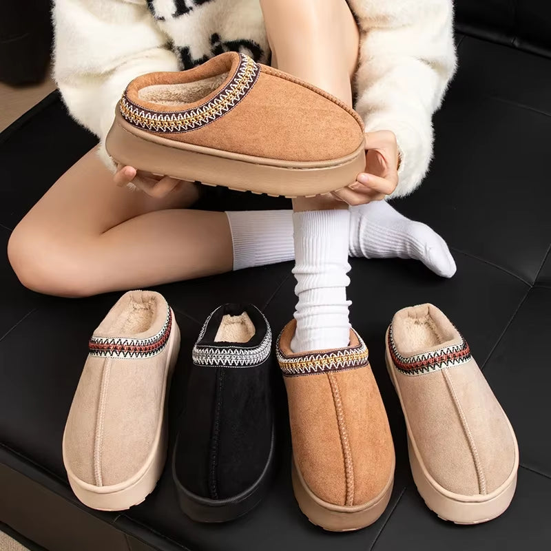 Hot Winter Women Slippers Plush Interior anti Slip Thick Sole Fashion Embroidered Warm House Shoes for Ladies