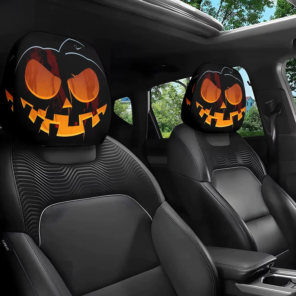 2PCS Funny Slanted Eyes Cartoon Print Car Headrest Cover for Halloween Christmas Holiday Automobile Interior Decoration