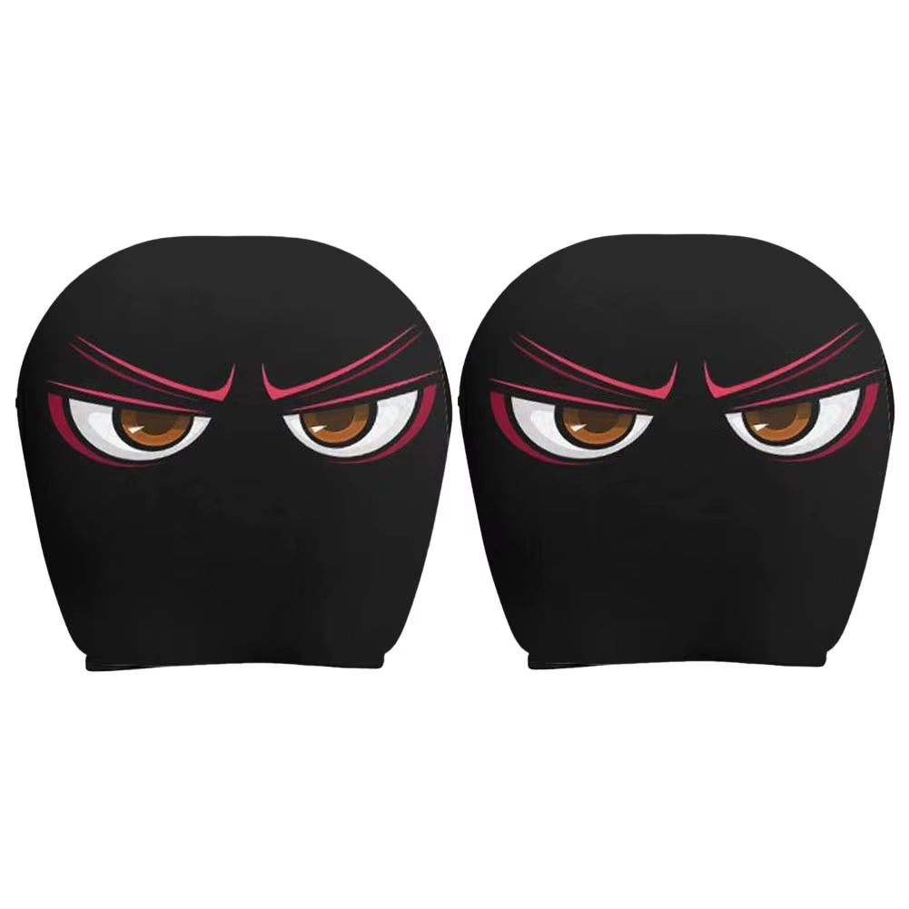 2PCS Funny Slanted Eyes Cartoon Print Car Headrest Cover for Halloween Christmas Holiday Automobile Interior Decoration